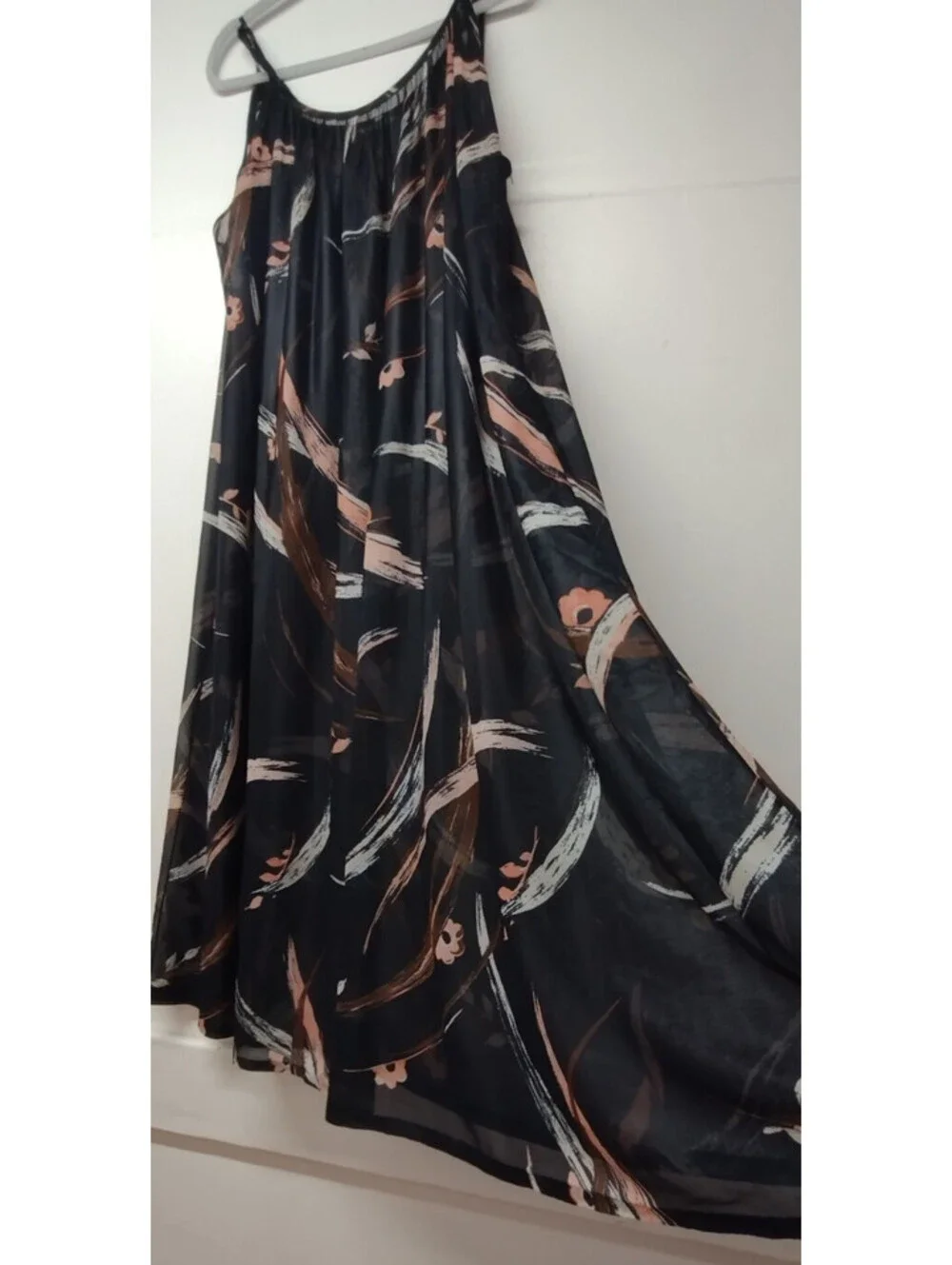 Vintage 1970s Maxi A-Line Swing Sheer Dress Size L/XL Black Sheer Nylon Pastels
